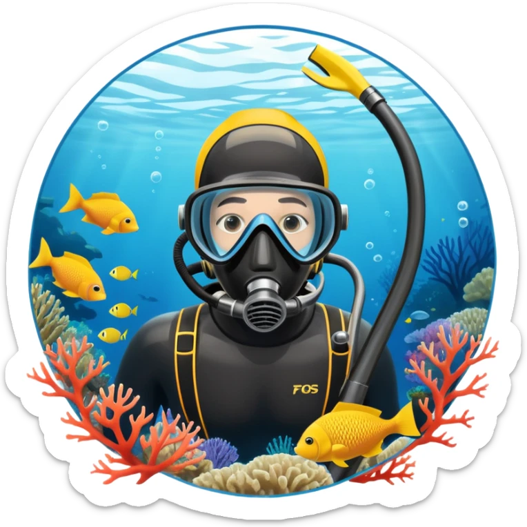 An icon featuring a close-up of a freediving mask and snorkel, with a breath-holding diver's fins, set against a vibrant underwater world. The design includes coral reefs, fish, and bubbles, symbolizing the serene beauty and thrill of freediving. Transparent background highlights the calm sticker