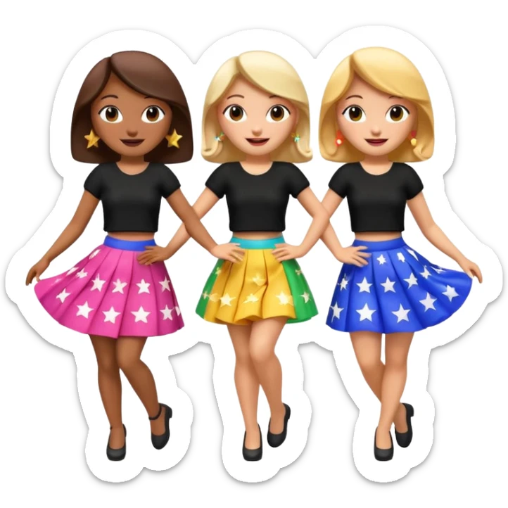 Three 3D cartoon women dancing in colorful skirts and black tops with stars, cheerful expressions, bright background, Memoji-style rendering. sticker