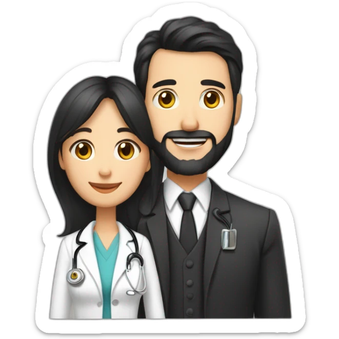 husband american 55 dark hair trimmed beard business suit pastor holding bible, wife asian age 55 black shoulder length hair wearing nurse, no children sticker