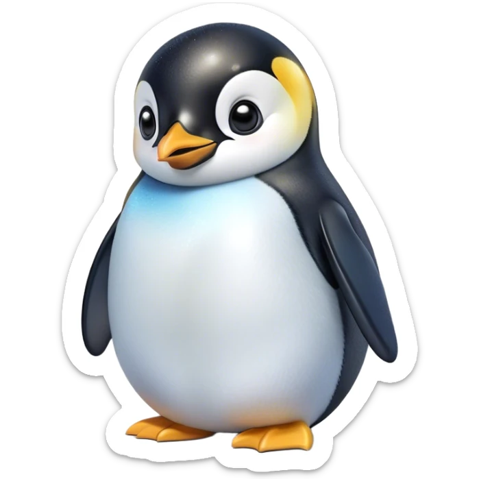 Cinematic Cute Emperor Penguin Portrait Emoji, Head tilted playfully and inquisitively, with glossy, pristine plumage accented by a bright beak and round, sparkling eyes filled with curiosity, Simplified yet irresistibly adorable features, highly detailed, glowing with a warm, friendly icy glow, high shine, affectionate and lively, stylized with a touch of whimsical charm, bright and endearing, soft glowing outline, capturing the essence of a mischievous yet loving penguin that feels like it could slide out of the screen into your arms! sticker