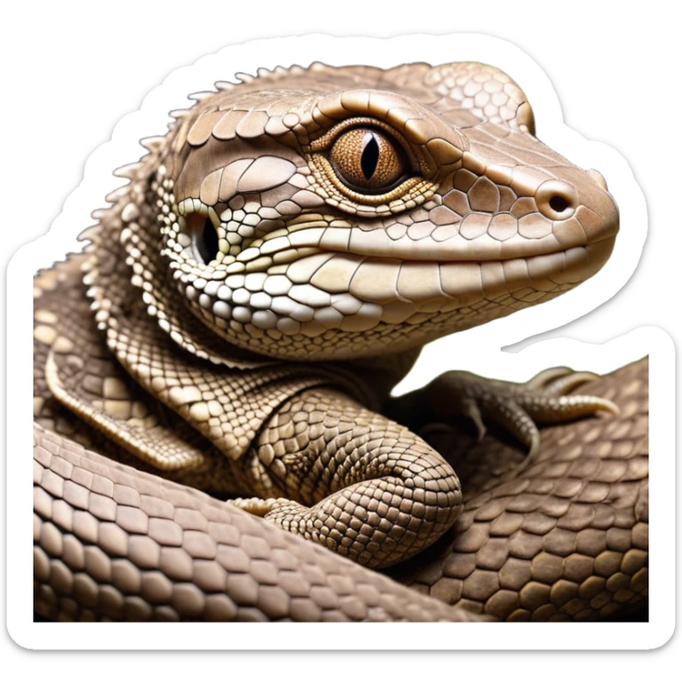 Meme-Worthy cute Sleeping brown camo spotted monitor Lizard Portrait Emoji, Head resting peacefully with a contented smile, showcasing intricately patterned scales and eyes gently closed in serene slumber, Simplified yet comically adorable features, highly detailed, glowing with a soft, drowsy earthy light, high shine, relaxed and utterly lovable, stylized with an air of playful laziness, bright and heartwarming, soft glowing outline, capturing the essence of a sleeping reptilian guardian that feels destined to become the next viral icon of adorable rest! sticker