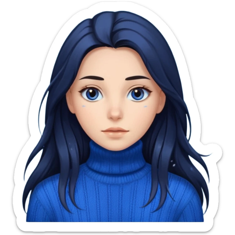 Mujer pelo oscuro y muy largo con unos mechones saliendo ojos oscuros y muy atractiva y con jersey de invierno azul de cuello vuelto sticker