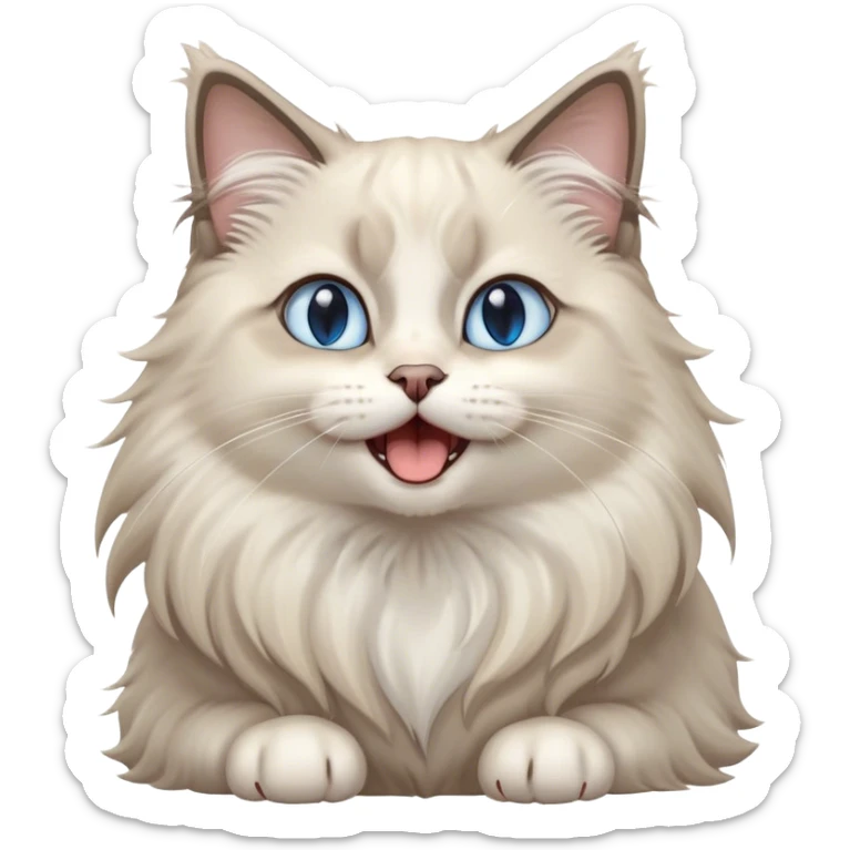 Cinematic Adorable Fluffy Light Grey Mantle Ragdoll Cat Portrait Emoji, Head tilted cutely with big, sparkling blue eyes, soft light grey fur with darker points on the ears, face, and paws, Simplified yet irresistibly adorable features, highly detailed, glowing with a soft, warm glow, high shine, yawning in a peaceful and playful manner, stylized with a touch of whimsy, bright and endearing, soft glowing outline, capturing the essence of a relaxed and loving kitten, so cute it feels like it could leap out of the screen and stretch into a cozy nap! sticker