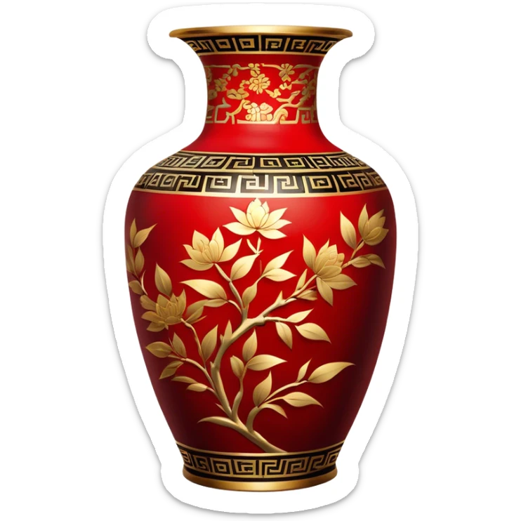 Chinese metal painting icon, intricate hand-painted Chinese patterns on metal vase, painting with a brush process, vibrant colors like red, gold, and black, delicate brushstrokes, visible fine paintbrush and metal surface, minimalistic style, clean lines, transparent background. sticker