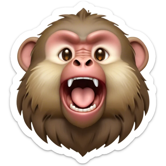 Cinematic Cute Yawning Baboon Portrait Emoji, Head tilted slightly with a dramatic, wide-open yawn, showcasing a soft, textured Fur of earthy browns with droopy ears, round eyes barely open in drowsy contentment, Simplified yet irresistibly adorable features, highly detailed, glowing with a soft, cozy glow, high shine, relaxed yet expressive, stylized with a touch of playful urban charm, bright and endearing, soft glowing outline, capturing the essence of a sleepy yet affectionate baboon, so drowsy it feels like it could stretch out of the screen and curl up for a nap! sticker
