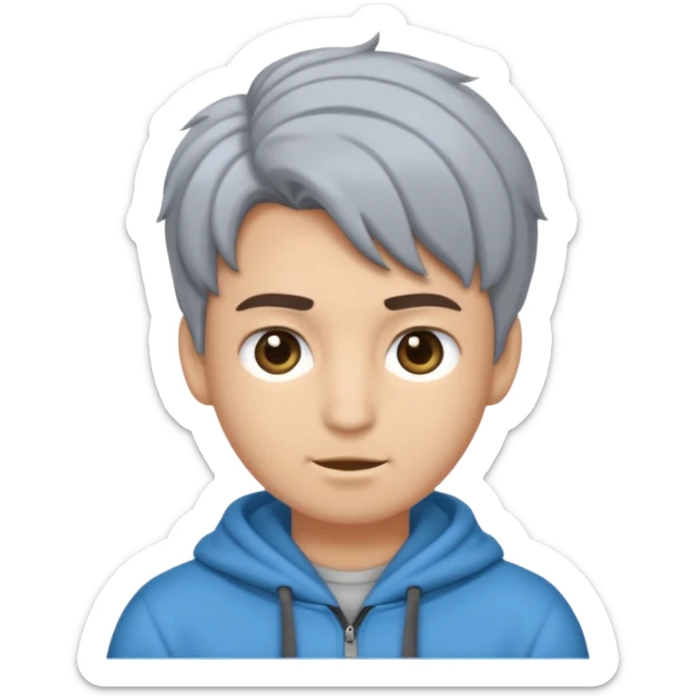 Crea un emoji a mezzo busto come ti ho già chiesto però di un ragazzo sulla 20ina ma che sembri più giovane, vestito con una felpa grigia. Occhi azzurri, capelli neri con il ciuffo davanti un po bagnato. sticker