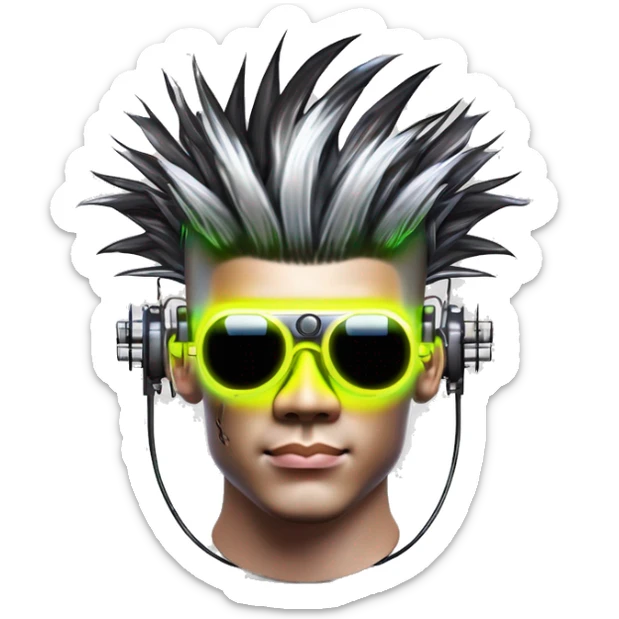 Mohawk hair Asian male cyborg head with neon silver steampunk goggles and circuits sticker