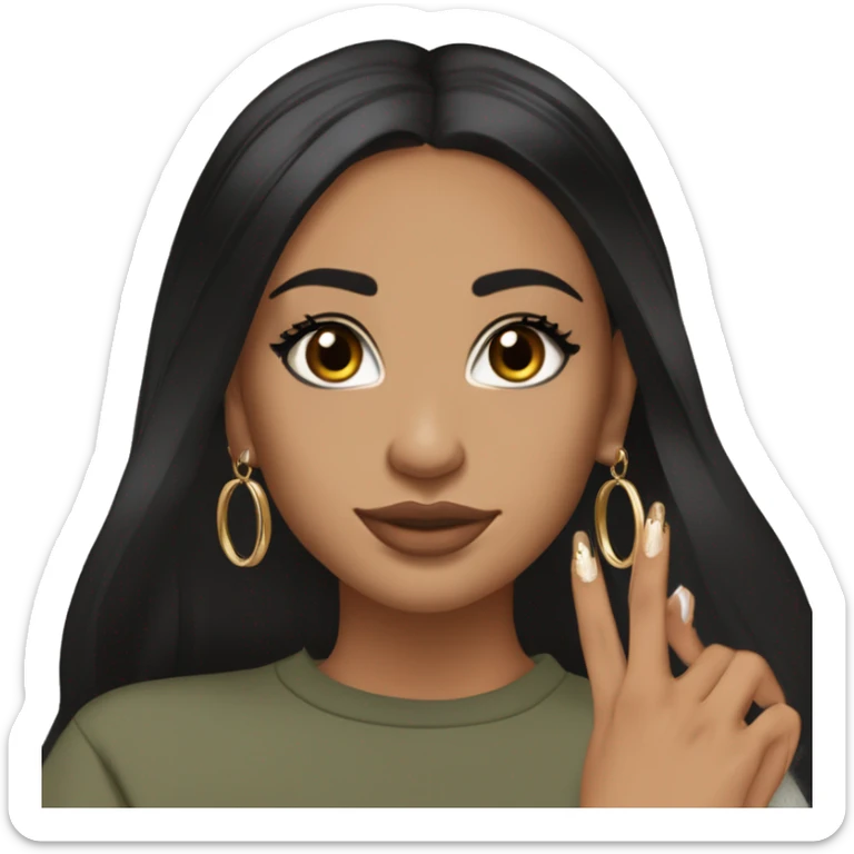Glamorous, streetwear, black hair, long straight hair, olive skin, brown almond eyes, winged eyeliner with big lashes, wearing hooped earrings, rings and bracelets, almond shaped fake nails, wearing athletic wear sticker