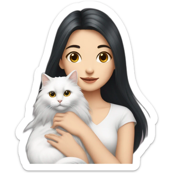 A girl with long dark hair and a white fluffy cat is lying on her right shoulder sticker