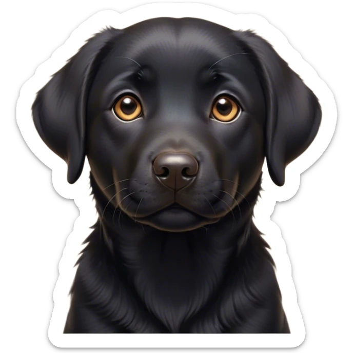 Cinematic Cute Black Labrador Portrait Emoji, Head tilted playfully and inquisitively, featuring a glossy black Fur with a healthy sheen, round, sparkling brown eyes filled with curiosity, Simplified yet irresistibly adorable features, highly detailed, glowing with a warm, friendly glow, high shine, affectionate and spirited, stylized with a touch of whimsy, bright and endearing, soft glowing outline, capturing the essence of a mischievous yet loving companion, so playful it feels like it could dash out of the screen and into your arms! sticker