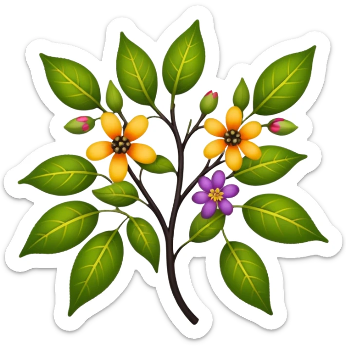 dull green leaves & colorful flowers filigree design & small fruits & ebony branches, extremely detailed, complex design sticker