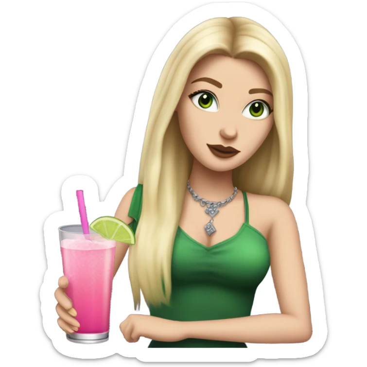 Realistic White girl with Long straight blonde hair, green eyes, tattoos, full body wearing dress and High heels, holding pink drink sticker