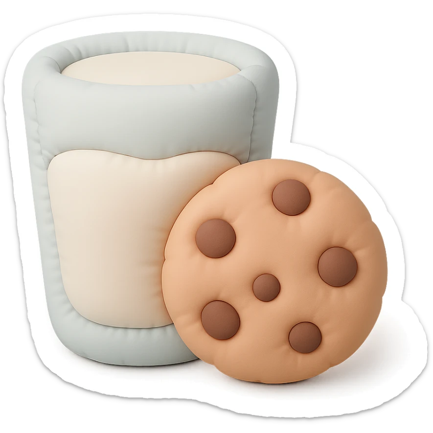 a soft and plush cushion style illustration of a glass of milk and a chocolate chip cookie, pastel colors sticker