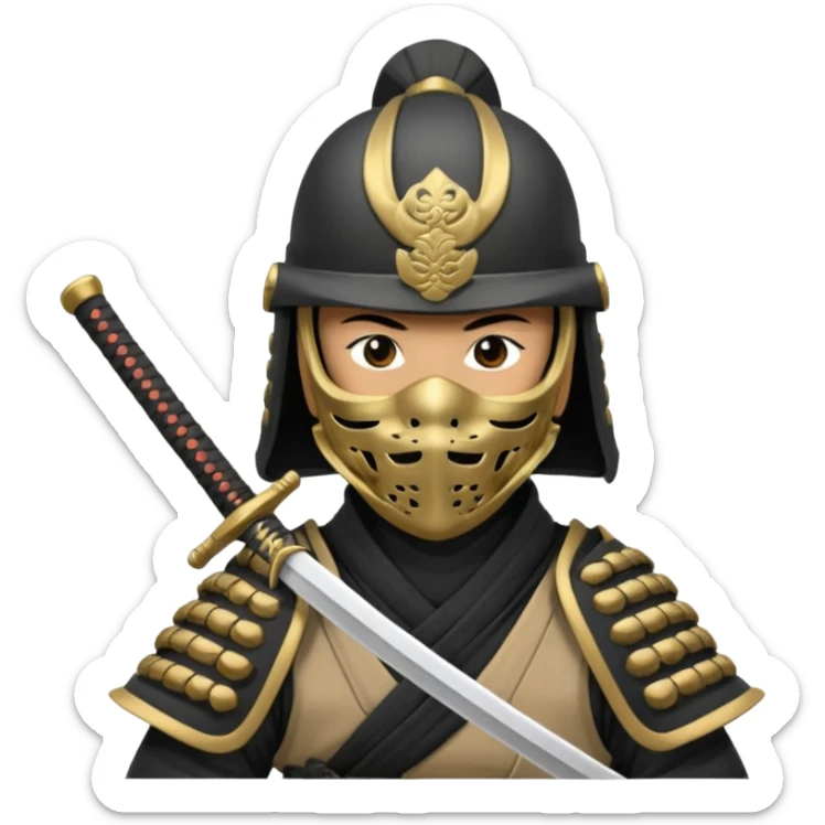 Samurai with helmet and a detailed mask covering their mouth and they are drawing out their sword sticker