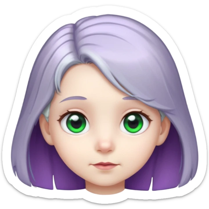 A little girl with gray hair, a purple and green reflection of the gray hair, she has organ eye sticker