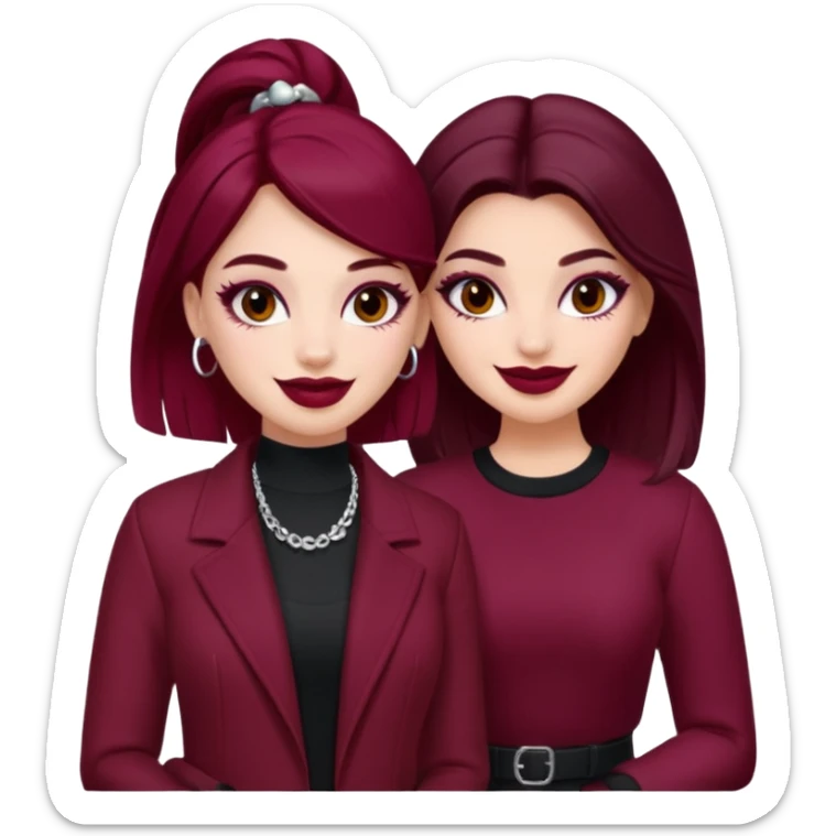 Boujy baddie best friends, fair skin, trendy heavy makeup, burgundy clothes sticker