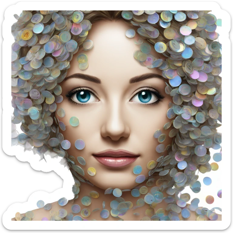 Person face portrait made entirely of holographic vinyls music discs cds and music notes sticker