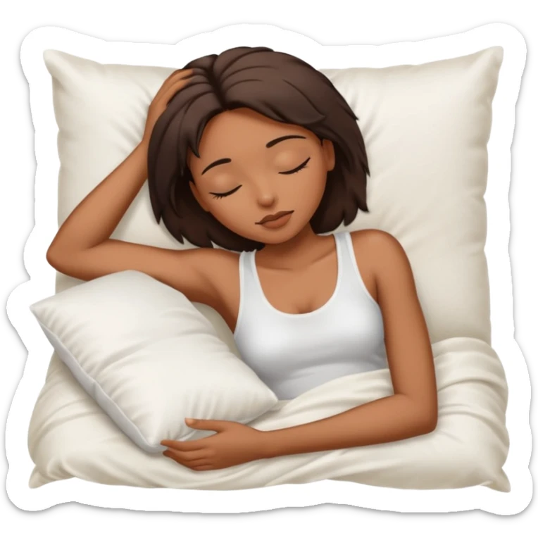 sleeping beauty african american woman with dark brown hair with a white silk pillow, she is sleeping on her side, she is wearing a white tank top sticker
