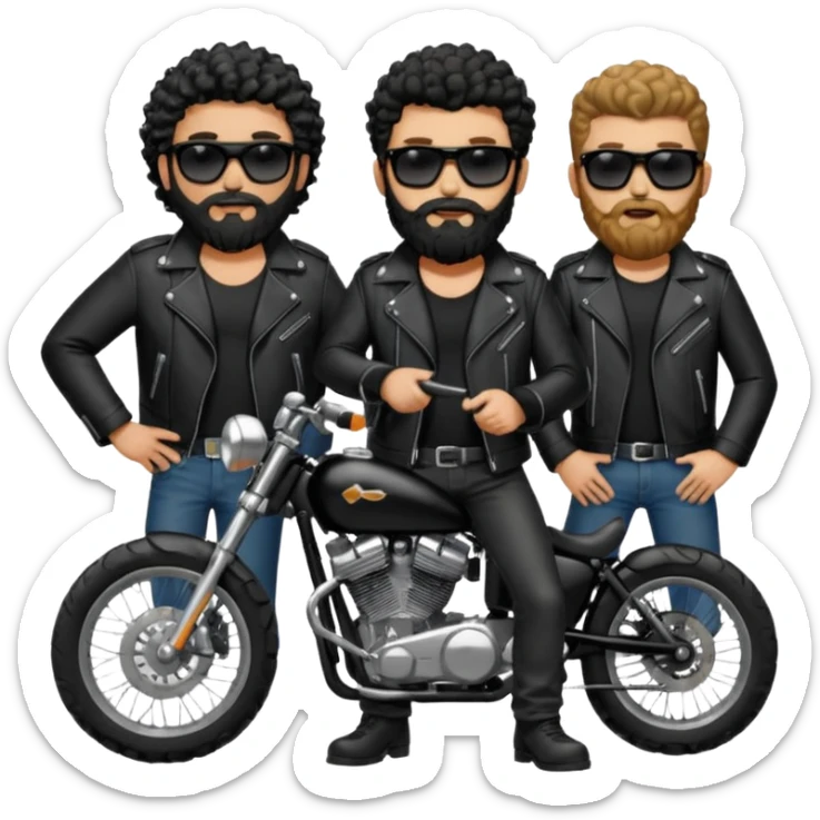 biker gang with black sunglass and rugged and bulky guy bearded curly hair black jacket sticker