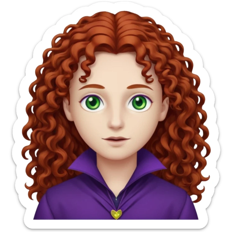 Armand with white skin, green eyes , long auburn curly hair, dark purple outfit sticker