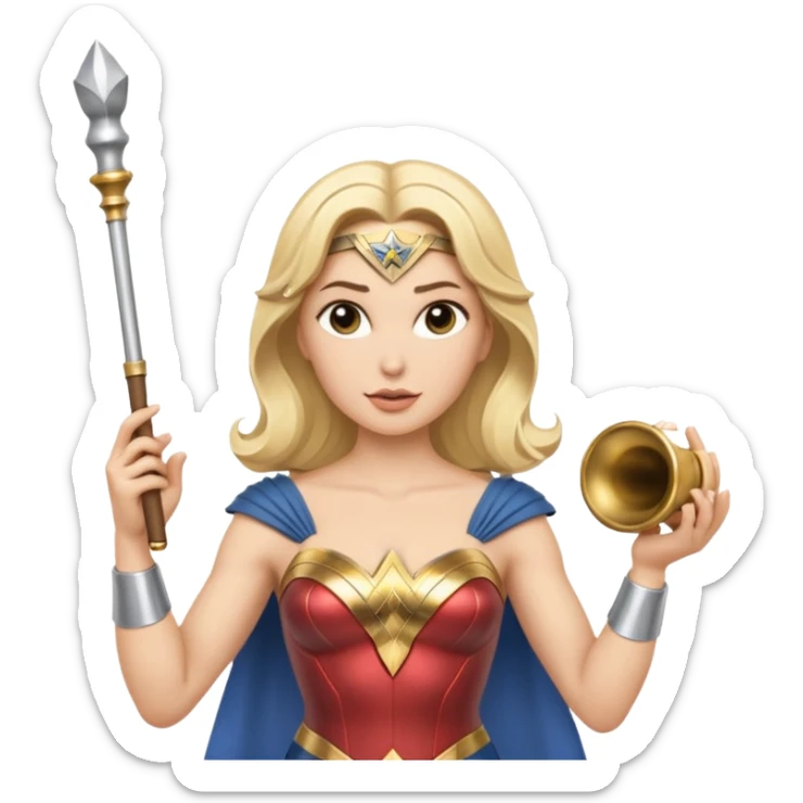 Blonde Wonder Woman holding white orchestra conductor’s baton and bell sticker
