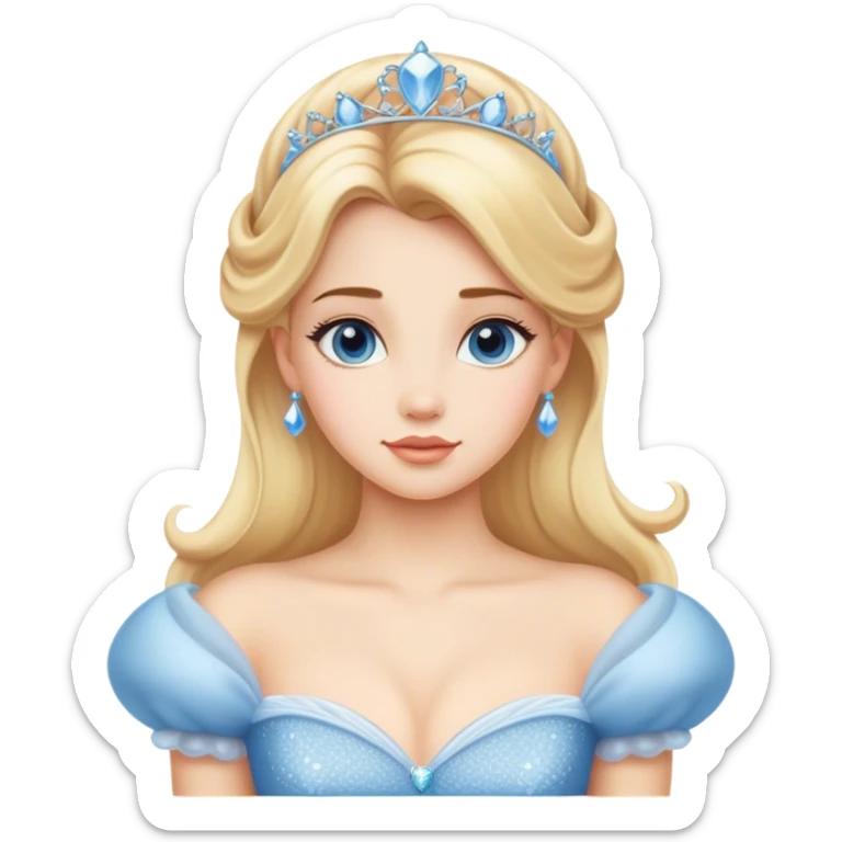 Cinematic Timeless Cinderella Portrait Emoji, rendered in a realistic, simplified vector style. Depict a classic Cinderella with delicate fair skin, beautifully styled blonde hair, and a calm, content expression, dressed in her iconic gown. The design is highlighted by a soft glowing outline and gentle, enchanting luminosity, capturing the essence of pure fairy-tale elegance. sticker