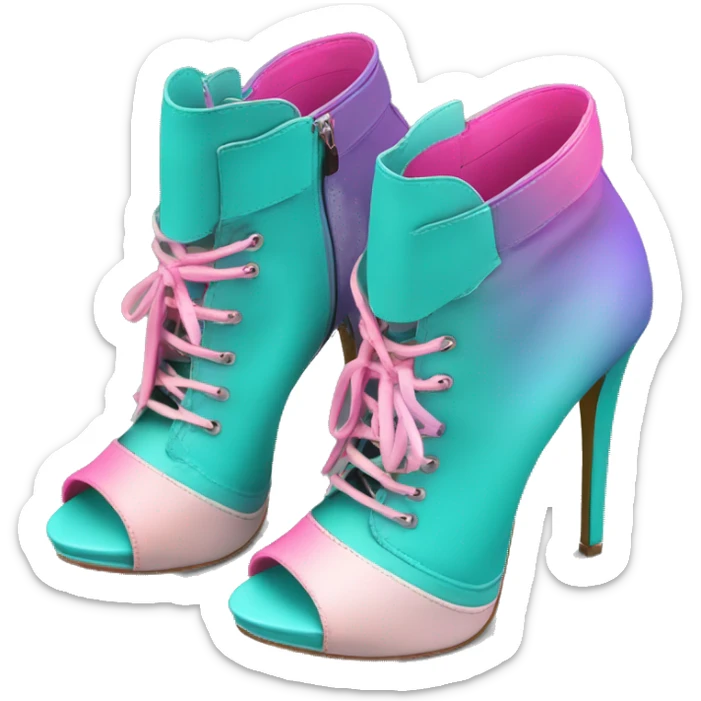 Realistic isolated top view of a pair of dark turquoise,pastel pink and pastel purple ombre peep toe high heel ankle boots. sticker