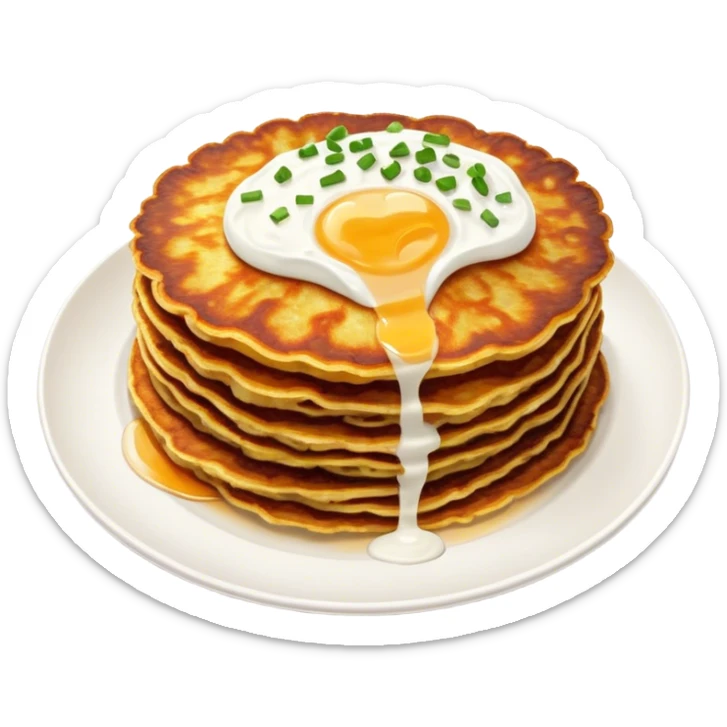 Cinematic Realistic Placki Ziemniaczane Dish Emoji, depicted as crispy potato pancakes served with sour cream rendered with vivid textures and warm, appetizing lighting. sticker
