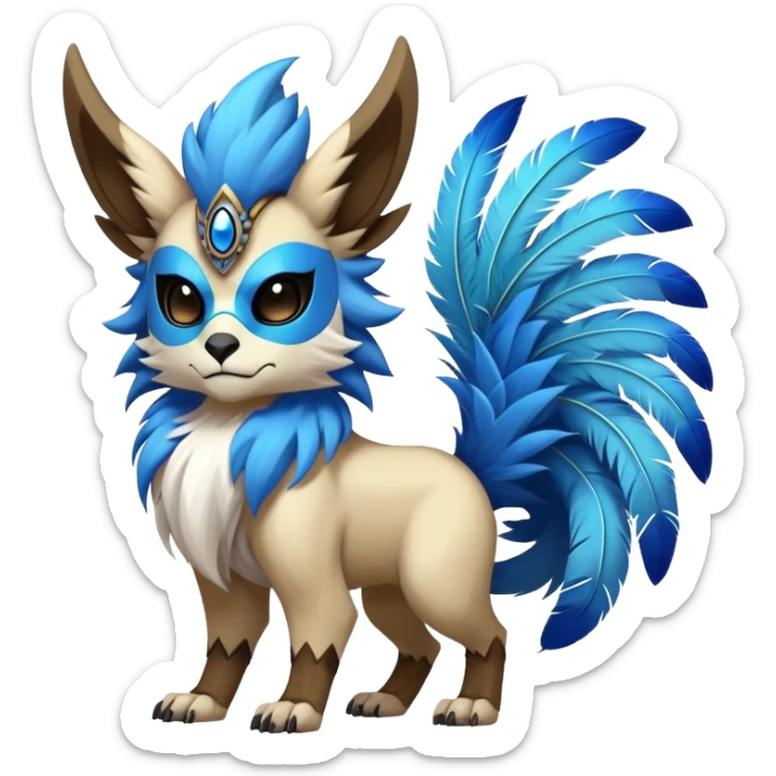 Furry cute colorful exotic tribal feral anime-styled Fakémon-Pokémon-animal-creature with a skull mask, and a feather-mane-collar, and blue feathers, with long furry ears, long furry tail, 4 legs, (full body) sticker