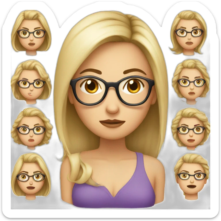Upset, white women, brunette with blonde highlights hair, big round glasses sticker