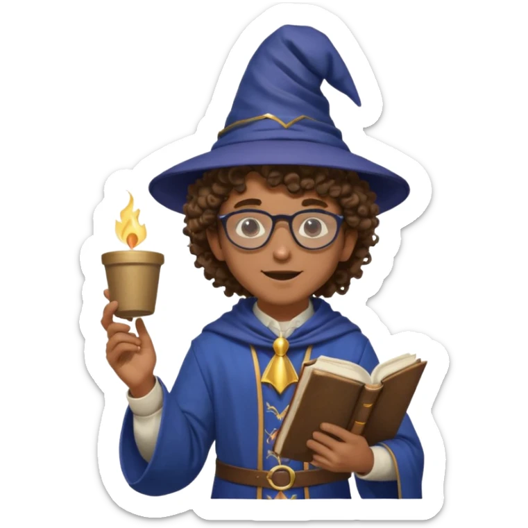 A Joyful Teen Male with Brown skin and Curly hair, wearing a Traditional outfit, a Wizard hat, Sunglasses, carrying a Spellbook, working as a farmer, while drinking Coffee and reading a Textbook. sticker