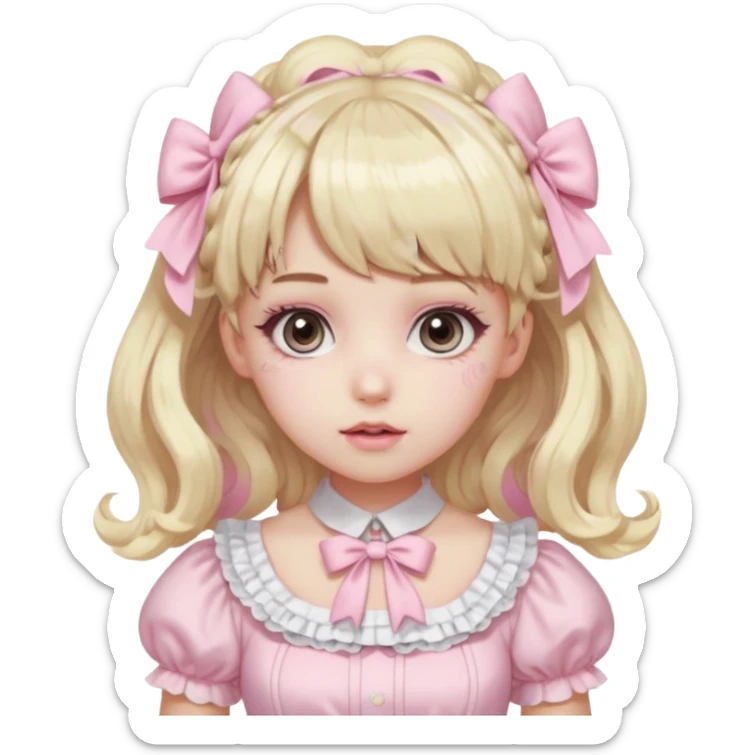 pale girl , who has curly medium length blonde and baby pink swirled hair with bangs , grey eyes , and doll like makeup , in a light pink lolita hime gyaru dress  sticker
