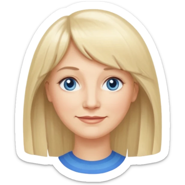 50 yr old white woman, curtain bangs, very long straight blond hair, oval face, small smile, blue eyes, thin face, hair down to elbows, round cheeks, pale sticker
