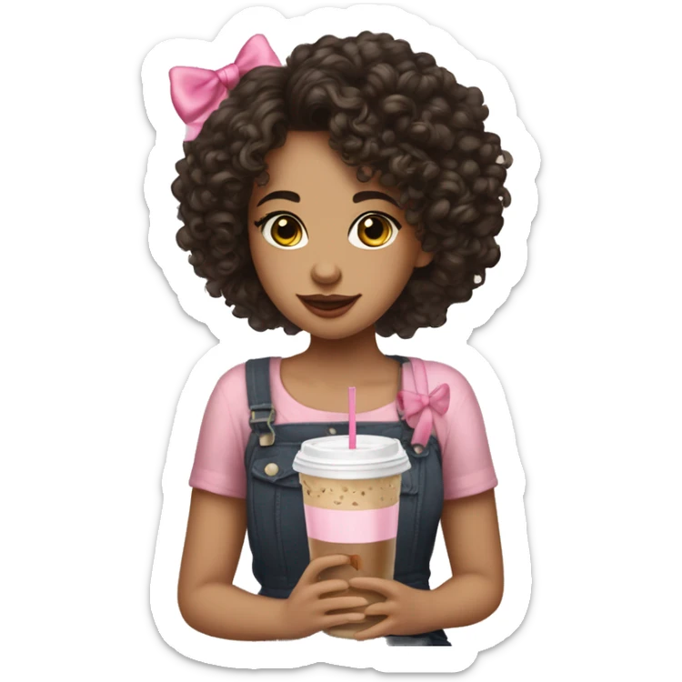 A girl with mixed skin and dark curly hair with a pink bow in her hair and an iced coffee in her hand ￼ sticker