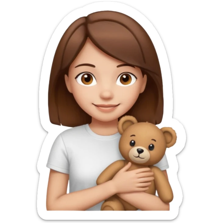 A Girl with Brown hair and Brown eyes with a t-shirt White. The t-shirt have dels a Teddy bearthe Gor have White skins and she is smiling sticker