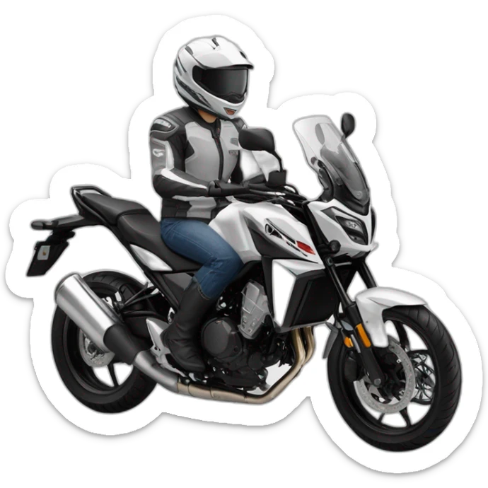 Conduciendo Honda cb500x con casco y chaqueta gris y blanco sticker