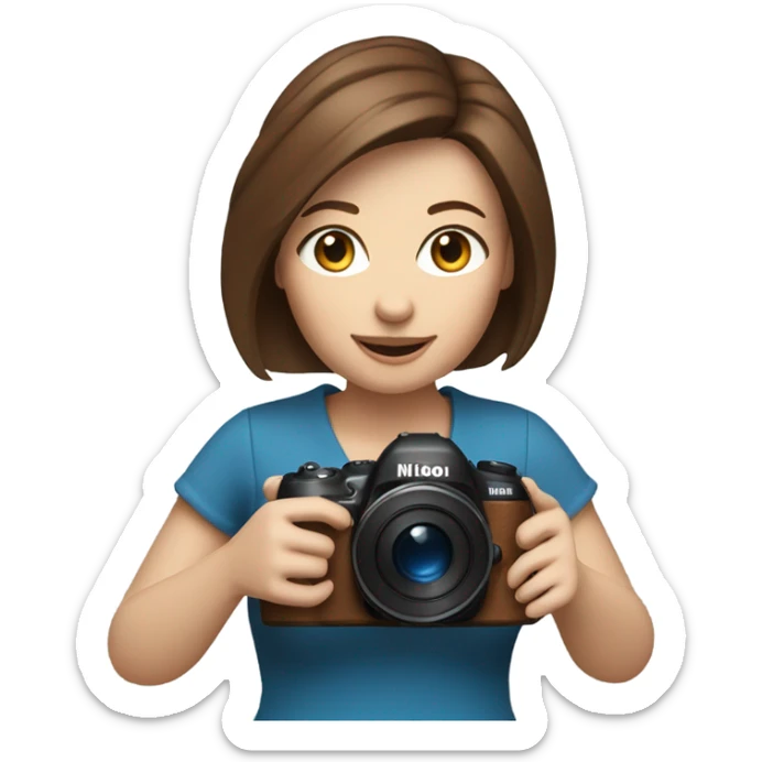 Portrait of stylish woman with blue eyes and brown bob hair holding a nikon camera￼ in hands sticker