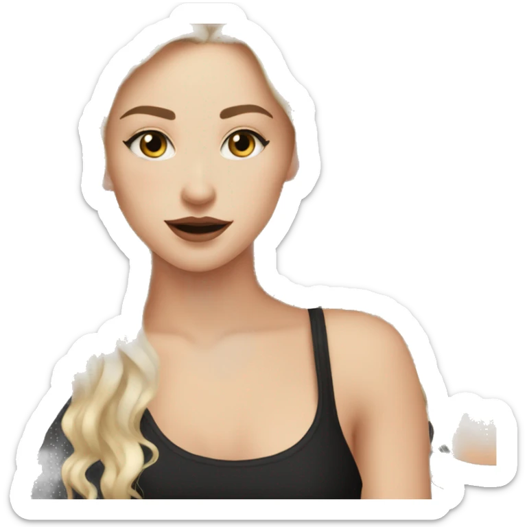 White Girl with long wavy blonde hair eyes closed smiling black tank top and black makeup sticker