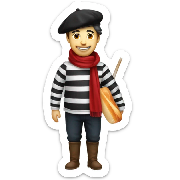 a french guy with a beret, black and white striped clothes, a red scarf and a baguette on his back. And a glass of red wine sticker