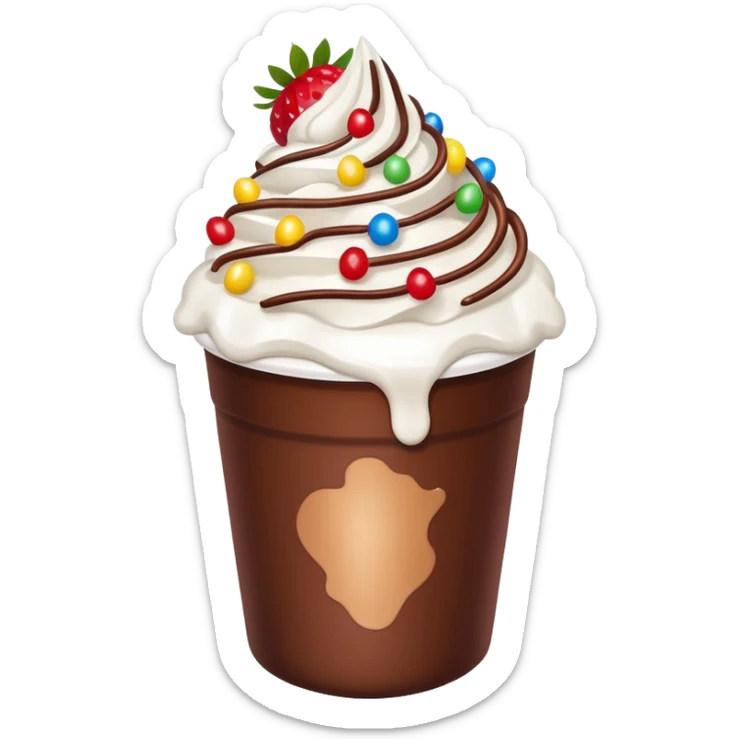 Un vaso plástico cubierto de chocolate que arriba se vea crema batida que por encima se vean fresas y chispas de colores  sticker