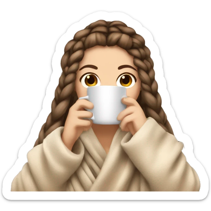 white girl with brunette double braid hair in beige cozy blanket drinkin coffe in beige mug sticker