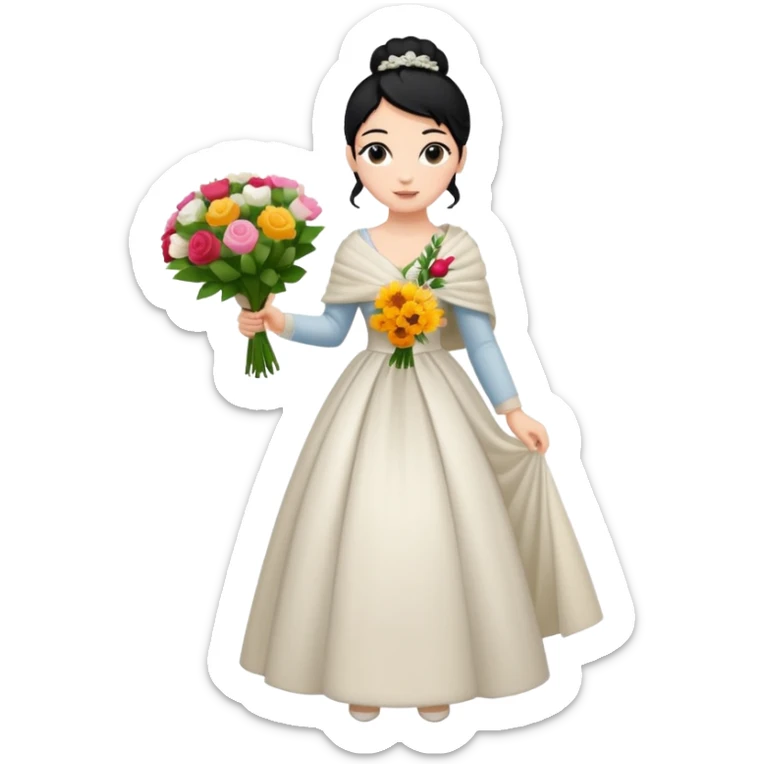 Chica blanca,cuerpo entero, vestido boda ,manga larga ,con estola, pelo negro,    ramo de flores una mano, pelo recogido en moño alto sticker