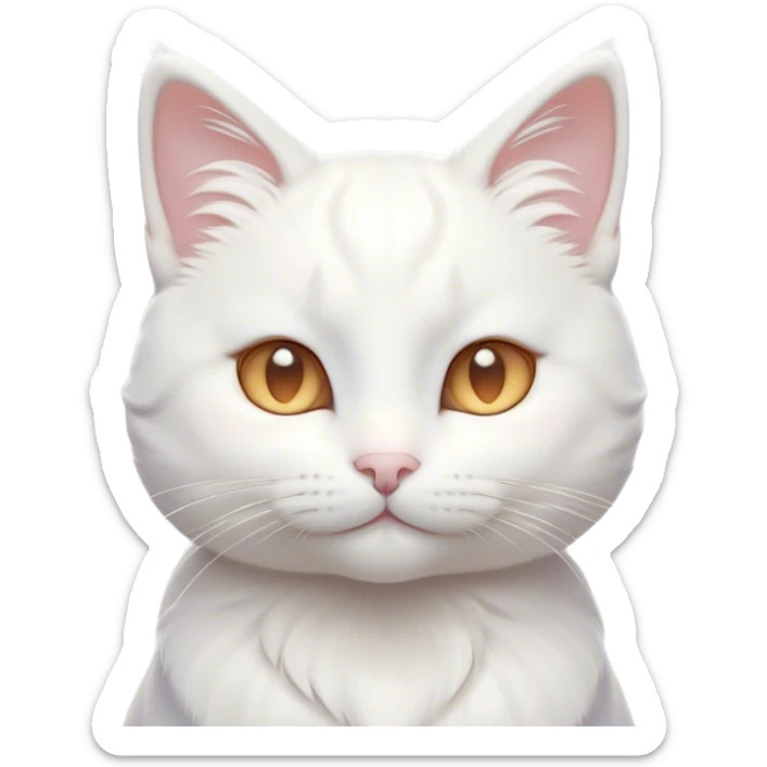 Cinematic Cute White Cat Portrait Emoji, Head tilted with a soft, gentle smile and sparkling eyes, featuring a silky, pristine white fur with subtle silver highlights, simplified yet irresistibly adorable, highly detailed, glowing with a warm, snowy glow, high shine, radiating affectionate charm and tender grace, styled with a light, playful outline, capturing the essence of a cute white cat that looks as if it could melt your heart with a single blink! sticker