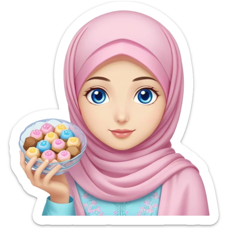 Turkish beautiful finish Konya girl blue eyes with pastel sakura hijab islamic dress and had on her hand text Eid Mubarak with sweets and celebrating with her friends eid days   sticker