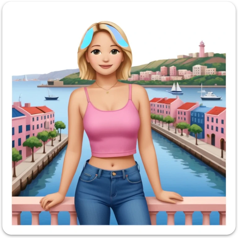 jennifer lawrence, pink crop top, and blue jeans, leaning on a balcony with a harbor and cityscape in the background, smiling sticker