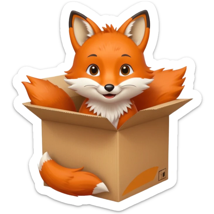 adorable fox peeking out of a cardboard box, smiling, kids toy look sticker