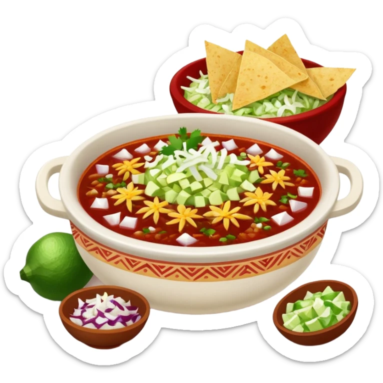 A delicious hot bowl of pozole rojo with separate sides next to the bowl: white chopped onions, green shredded cabbage, lime wedges, red chile de arbol salsa, and round tostadas sticker