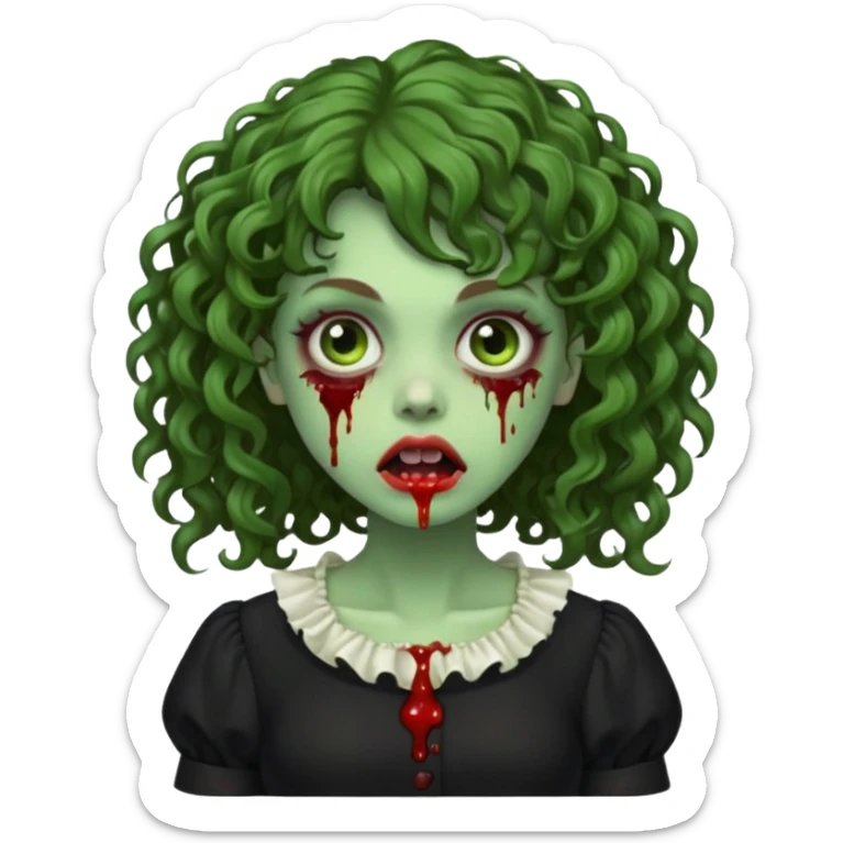 Green zombie emoji girl with curly Brown hair, with curly bangs, wearing a black bluse, blood Just in the tongue  sticker