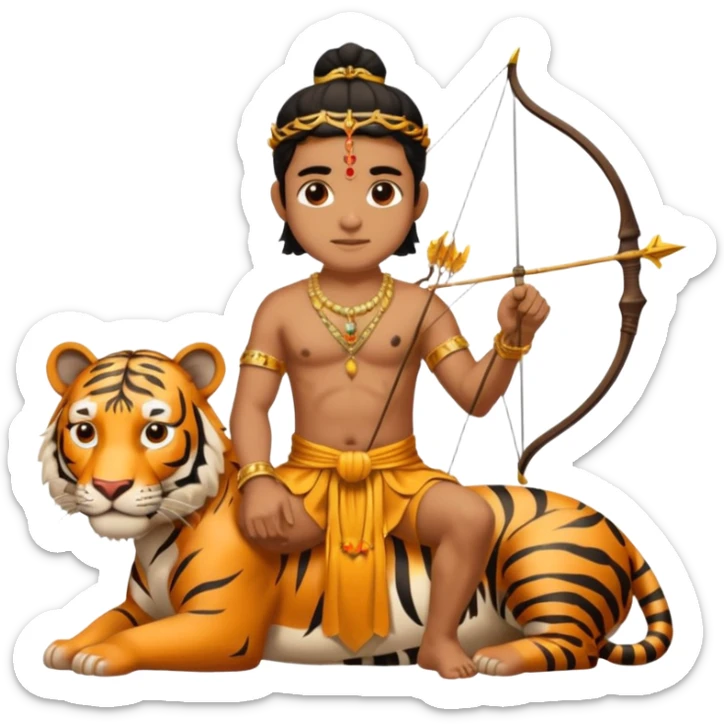 Ayyappa sitting on tiger with bow and arrow and wearing a gold and king dress sticker