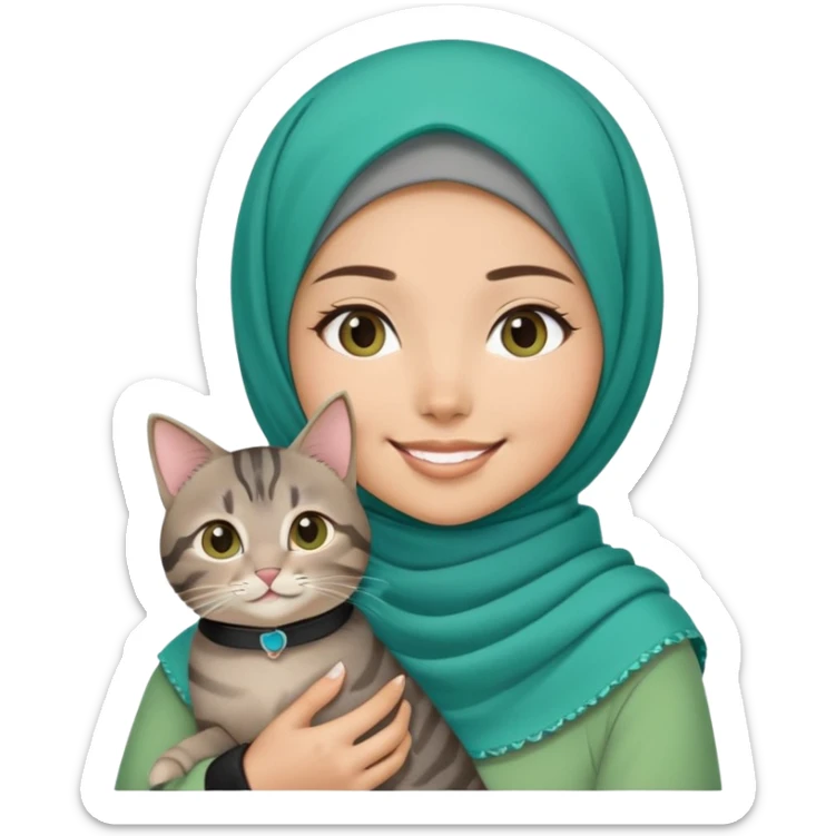 Asian White girl wearing cute green hijab holding a black grey tabby cat while smiling. The cat is wearing a blue collar sticker